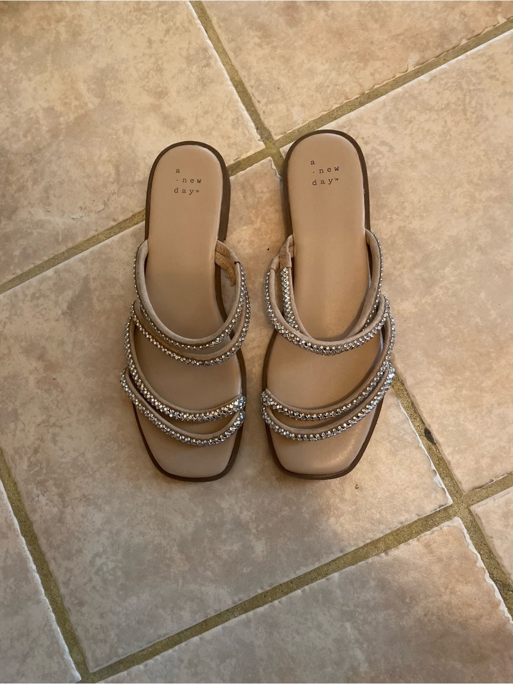 a new day Beige Crystal-Strap Slide Sandals